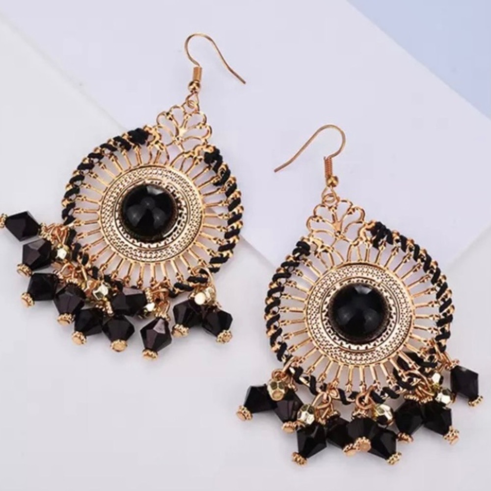 Earrings Tassel drop boho Indian stylish gold tone with black beads earring